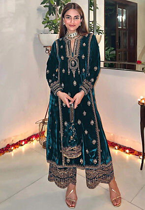 Blue silkcotton readymade suit with jaal design & embroidery 3/4th sleeve  top, straight cut pants & contrast dupatta