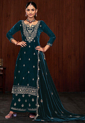 Embroidered Velvet Pakistani Suit in Teal Blue