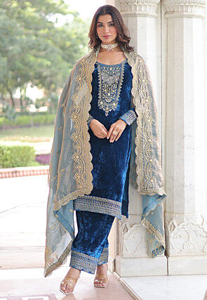 Embroidered Velvet Pakistani Suit in Teal Blue