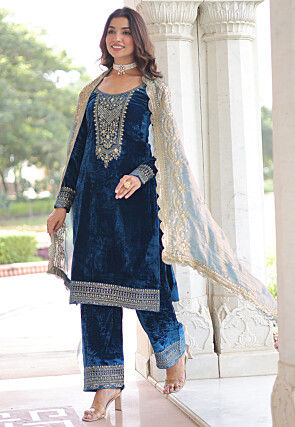 Embroidered Velvet Pakistani Suit in Teal Blue