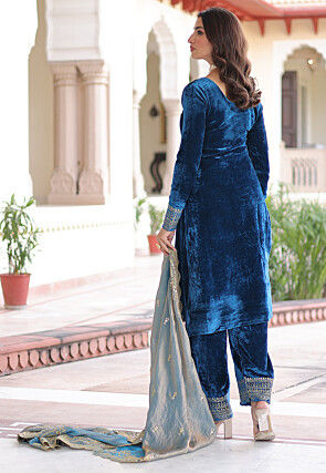 Embroidered Velvet Pakistani Suit in Teal Blue
