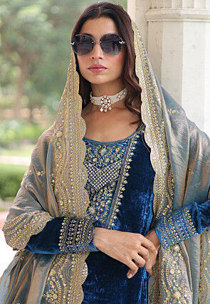 Embroidered Velvet Pakistani Suit in Teal Blue