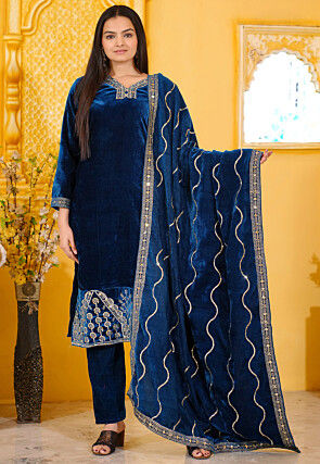 Embroidered Velvet Pakistani Suit in Teal Blue