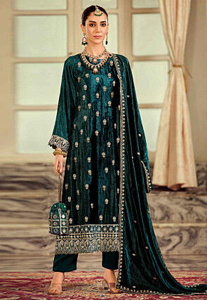 Embroidered Velvet Pakistani Suit in Teal Blue