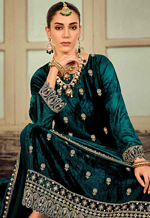 Embroidered Velvet Pakistani Suit in Teal Blue