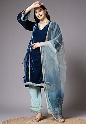 Embroidered Velvet Pakistani Suit in Teal Blue