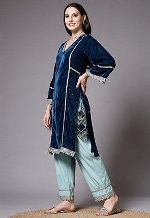 Embroidered Velvet Pakistani Suit in Teal Blue