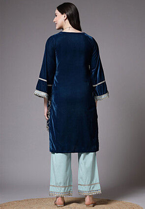 Embroidered Velvet Pakistani Suit in Teal Blue