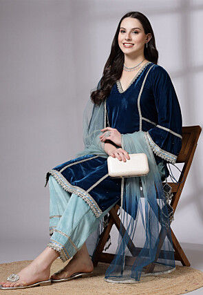 Embroidered Velvet Pakistani Suit in Teal Blue