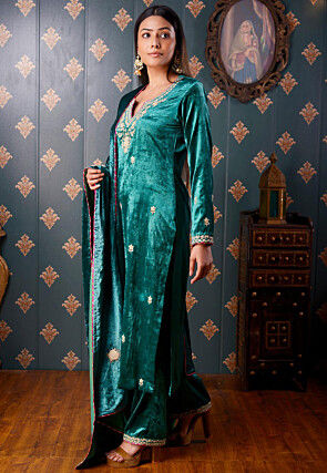 Embroidered Velvet Pakistani Suit in Teal Green