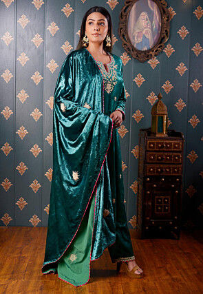 Embroidered Velvet Pakistani Suit in Teal Green