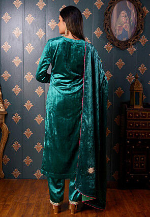 Embroidered Velvet Pakistani Suit in Teal Green