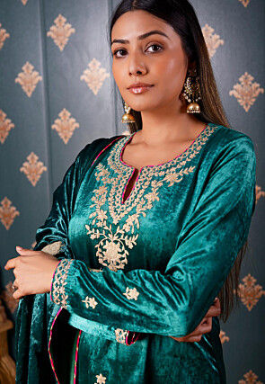 Embroidered Velvet Pakistani Suit in Teal Green