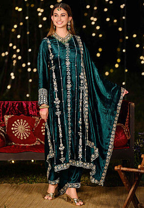 Embroidered Velvet Pakistani Suit in Teal Green