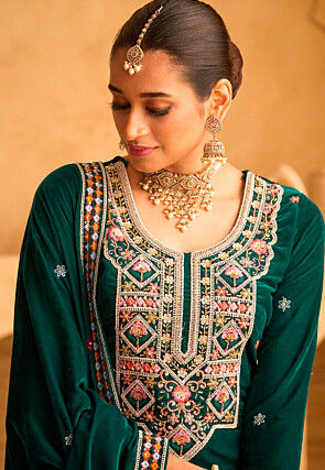Embroidered Velvet Pakistani Suit in Teal Green