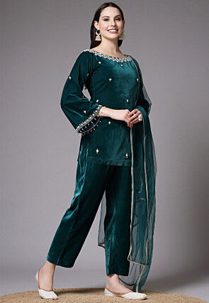 Hand Embroidered Velvet Pakistani Suit in Teal Green