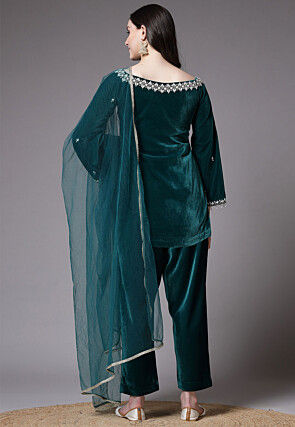 Hand Embroidered Velvet Pakistani Suit in Teal Green