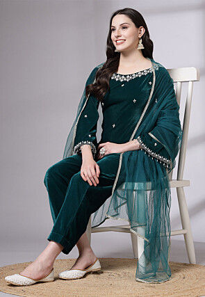 Hand Embroidered Velvet Pakistani Suit in Teal Green