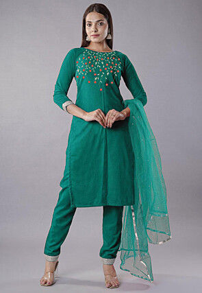 Embroidered Velvet Pakistani Suit in Teal Green