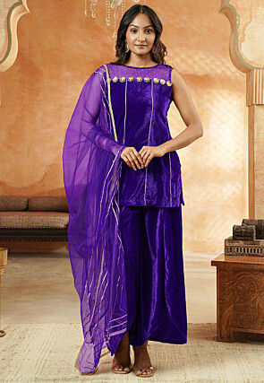 Embroidered Velvet Pakistani Suit in Violet