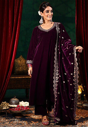 Embroidered Velvet Pakistani Suit in Wine