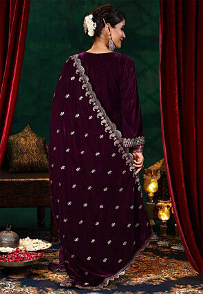 Embroidered Velvet Pakistani Suit in Wine