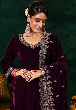 Embroidered Velvet Pakistani Suit in Wine