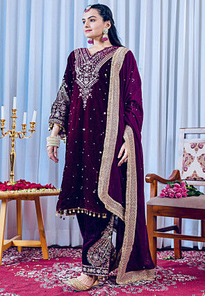Embroidered Velvet Pakistani Suit in Wine