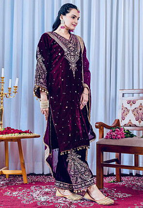 Embroidered Velvet Pakistani Suit in Wine