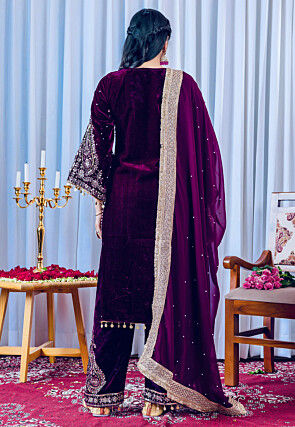 Embroidered Velvet Pakistani Suit in Wine
