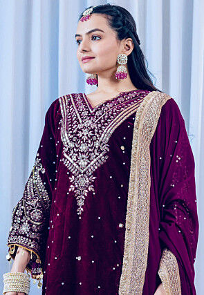 Embroidered Velvet Pakistani Suit in Wine