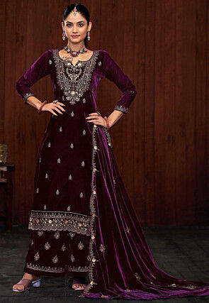 Embroidered Velvet Pakistani Suit in Wine