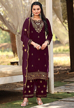 Embroidered Velvet Pakistani Suit in Wine