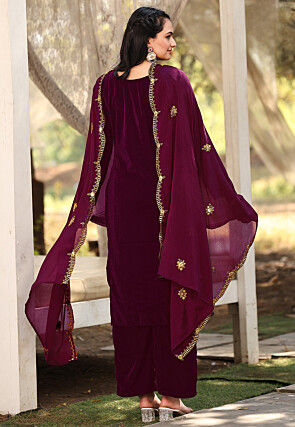 Embroidered Velvet Pakistani Suit in Wine