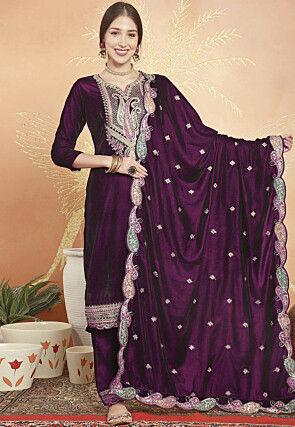 Embroidered Velvet Pakistani Suit in Wine