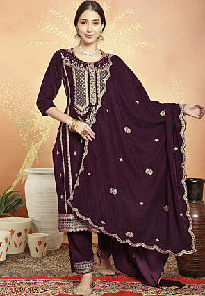 Embroidered Velvet Pakistani Suit in Wine