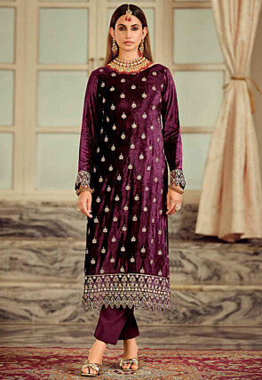 Embroidered Velvet Pakistani Suit in Wine