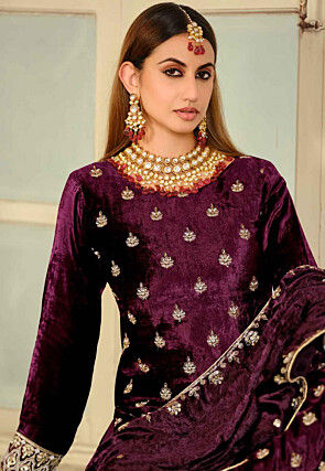 Embroidered Velvet Pakistani Suit in Wine