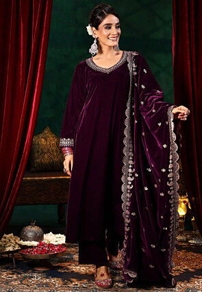 Embroidered Velvet Pakistani Suit in Wine