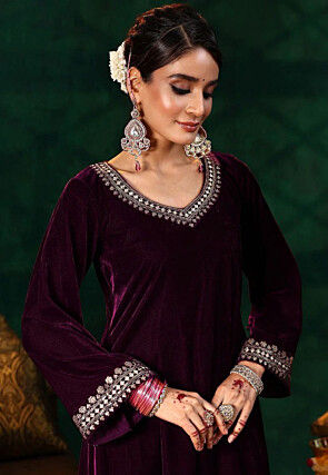 Embroidered Velvet Pakistani Suit in Wine