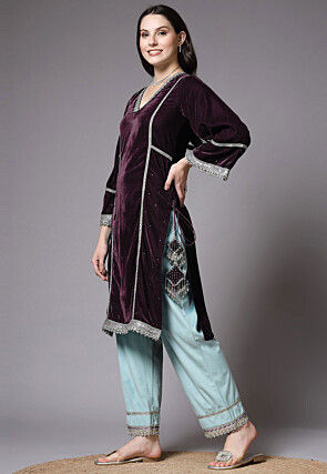Embroidered Velvet Pakistani Suit in Wine