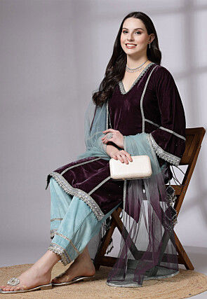 Embroidered Velvet Pakistani Suit in Wine