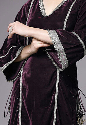 Embroidered Velvet Pakistani Suit in Wine