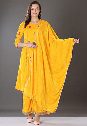 Embroidered Velvet Pakistani Suit in Yellow