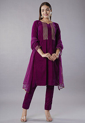 Embroidered Velvet Pakistani  Suit in Dark Purple