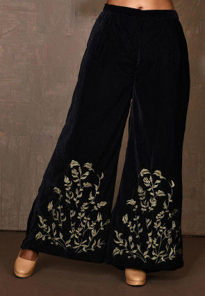 Embroidered Velvet Palazzo in Navy Blue