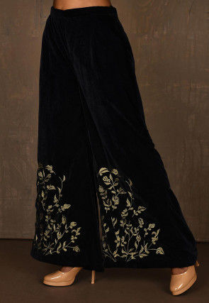 Embroidered Velvet Palazzo in Navy Blue