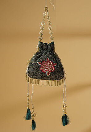Embroidered Velvet Potli Bag in Dark Green