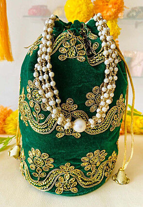 Embroidered Velvet Potli in Dark Green