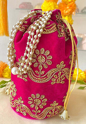 Embroidered Velvet Potli in Fuchsia